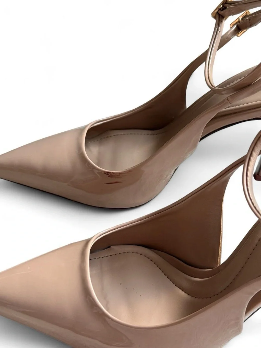 Zara Patent Pointed Slingback Heels in Taupe